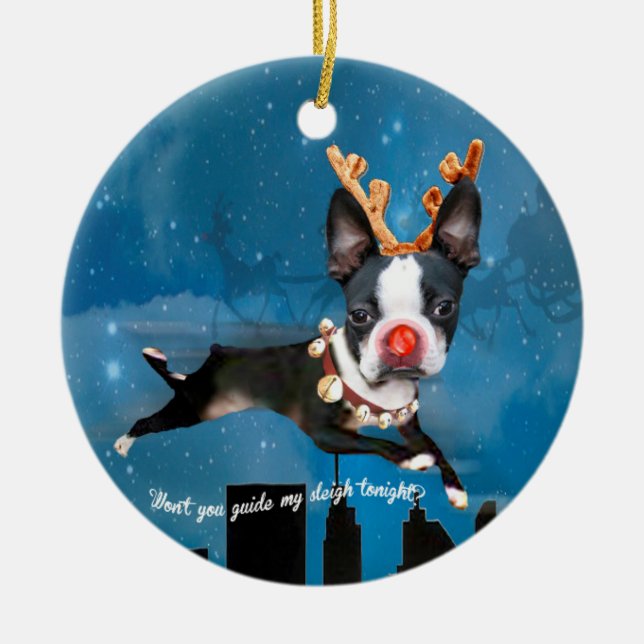 Boston Terrier Rudolph reindeer Holiday ornament (Front)