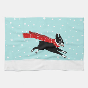 Boston Terrier Running in the Snow - Holiday Dog Tea Towel