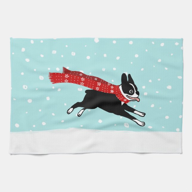 Boston Terrier Running in the Snow - Holiday Dog Tea Towel (Horizontal)