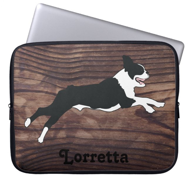 Boston Terrier Rustic Faux Wood Personalised Laptop Sleeve (Front)