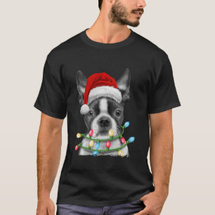 Boston Terrier Santa Christmas Tree Lights Xmas Bo T-Shirt