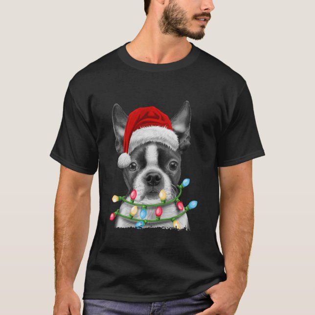 Boston Terrier Santa Christmas Tree Lights Xmas Bo T-Shirt (Front)