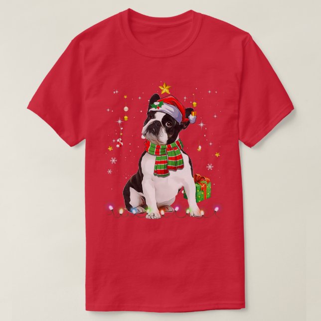 Boston Terrier Santa Christmas Tree Lights Xmas Pa T-Shirt (Design Front)