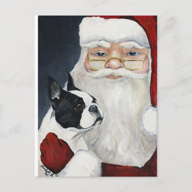 Boston Terrier / Santa Dog Art Christmas Postcard (Front)
