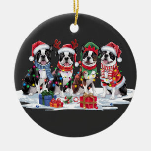 Boston Terrier Santa hat antlers elf Christmas Ceramic Tree Decoration