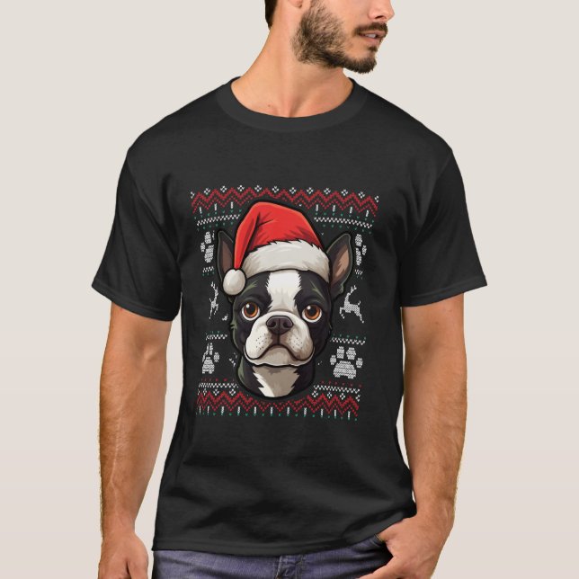 Boston Terrier Santa Hat Christmas Funny Dog Mum D T-Shirt (Front)