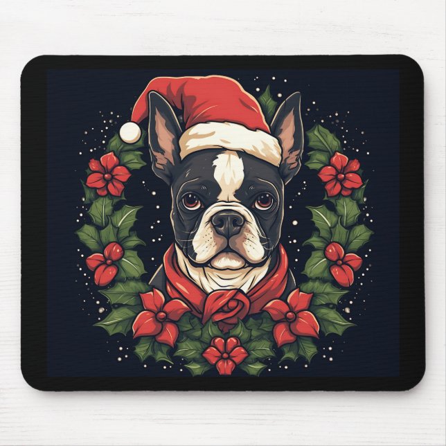 Boston Terrier Santa Hat Holly Christmas Mouse Mat (Front)