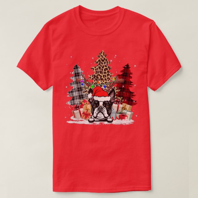 Boston Terrier Santa Hat Light Buffalo Plaid Leopa T-Shirt (Design Front)