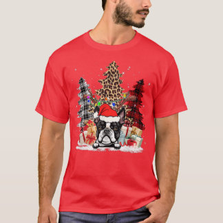 Boston Terrier Santa Hat Light Buffalo Plaid Leopa T-Shirt