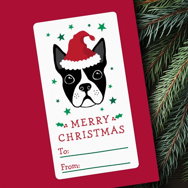 Boston terrier Santa hat Merry Christmas gift tag (Boston terrier Santa hat Merry Christmas gift tag)