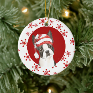 Boston Terrier Santa Hat Red Snowflake Ceramic Tree Decoration