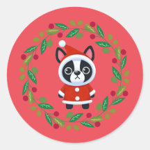 Boston Terrier Santa in a Wreath Holiday Sticker