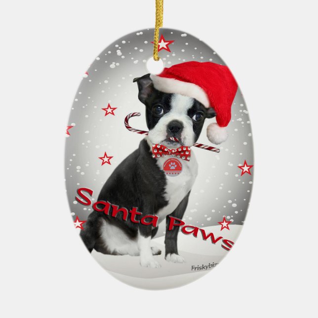 Boston Terrier santa Paws Ceramic Tree Decoration (Front)