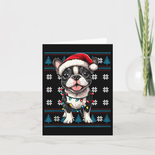 Boston Terrier Santa Xmas Tree Lights Bostie Ugly  Card (Front)