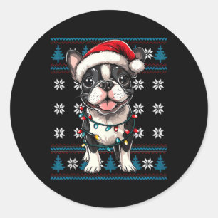 Boston Terrier Santa Xmas Tree Lights Bostie Ugly  Classic Round Sticker