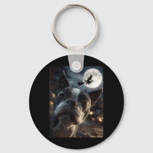 Boston Terrier Selfie Full Moon Flying Witch Key Ring