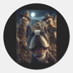 Boston Terrier Selfie With Scarecrows Spooky Classic Round Sticker