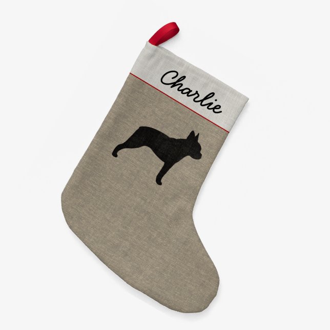 Boston Terrier Silhouette Cute Dog Lover's Holiday Small Christmas Stocking (Front (Hanging))