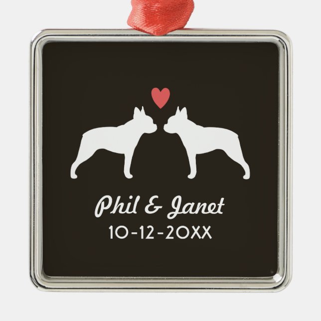Boston Terrier Silhouettes Love Dogs Couple Custom Metal Tree Decoration (Front)