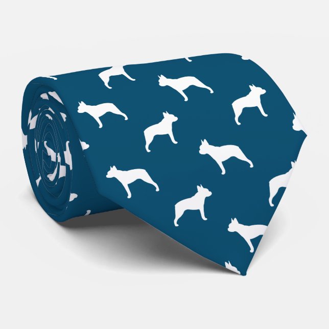 Boston Terrier Silhouettes Pattern Blue and White Tie (Rolled)