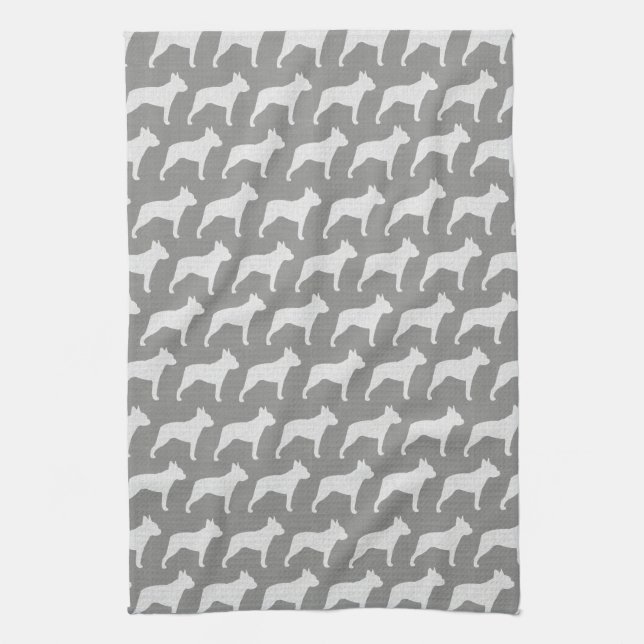 Boston Terrier Silhouettes Pattern Grey Tea Towel (Vertical)