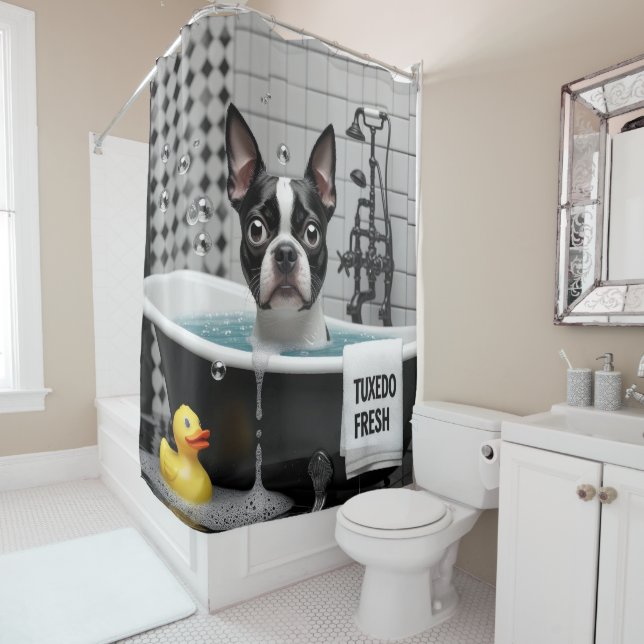 Boston Terrier Sloppy Sleepy Cute Funny Shower Curtain (In Situ)