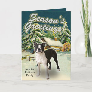 Boston Terrier Snow Cabin Christmas Cards