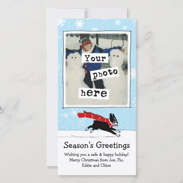 Boston Terrier Snow Dog | Your Photo Christmas Holiday Card (Front)