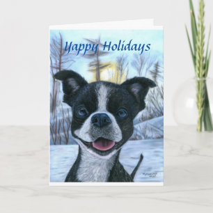 Boston Terrier Snow Holiday Greeting Card
