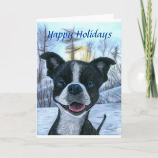 Boston Terrier Snow Holiday Greeting Card