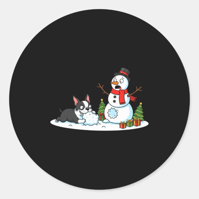 Boston Terrier Snowman Christmas Tree Xmas Womens  Classic Round Sticker (Front)