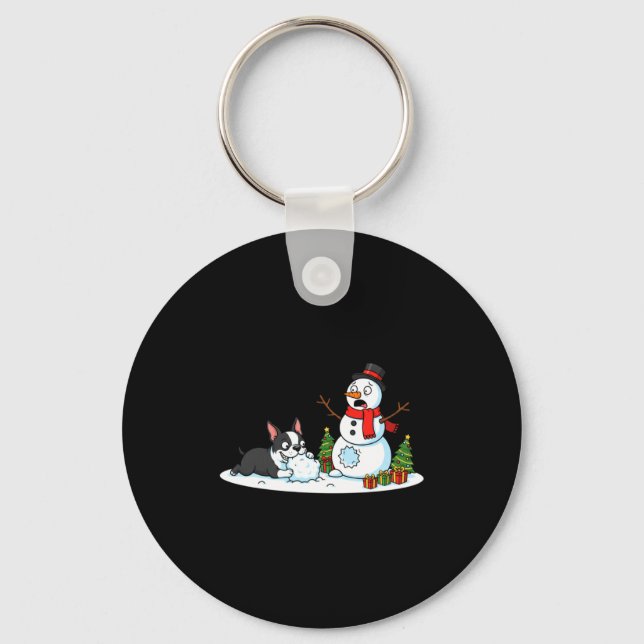 Boston Terrier Snowman Christmas Tree Xmas Womens  Key Ring (Front)