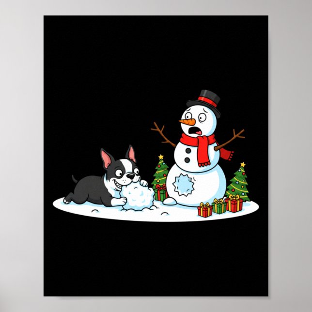 Boston Terrier Snowman Christmas Tree Xmas Womens  Poster (Front)