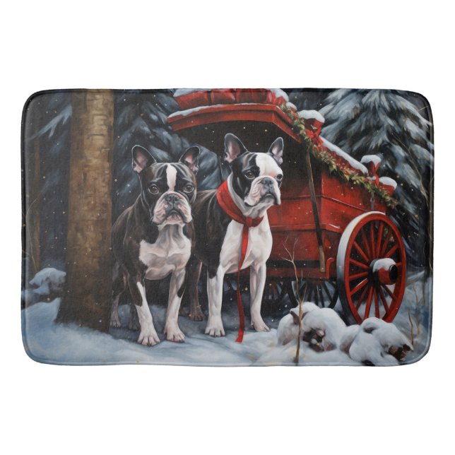 Boston Terrier Snowy Sleigh Christmas Decor   Bath Mat (Front)