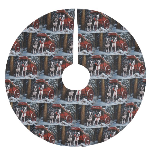 Boston Terrier Snowy Sleigh Christmas Decor   Brushed Polyester Tree Skirt (Front)