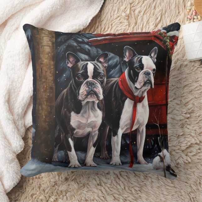 Boston Terrier Snowy Sleigh Christmas Decor    Cushion (Blanket)