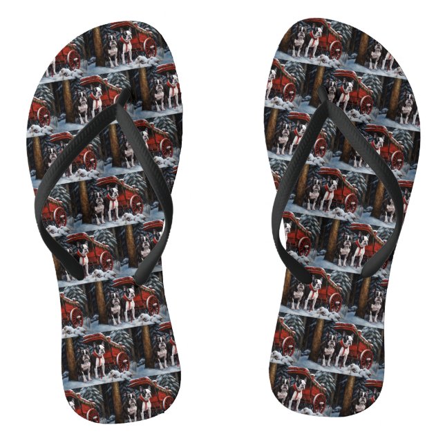 Boston Terrier Snowy Sleigh Christmas Decor   Flip Flops (Footbed)