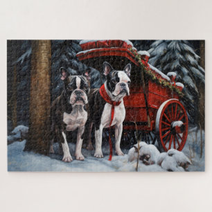 Boston Terrier Snowy Sleigh Christmas Decor    Jigsaw Puzzle