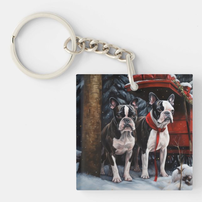 Boston Terrier Snowy Sleigh Christmas Decor   Key Ring (Front)