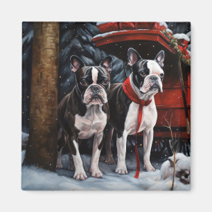 Boston Terrier Snowy Sleigh Christmas Decor   Magnet