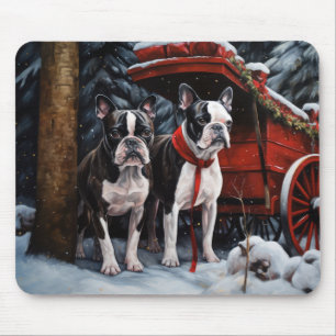 Boston Terrier Snowy Sleigh Christmas Decor    Mouse Mat