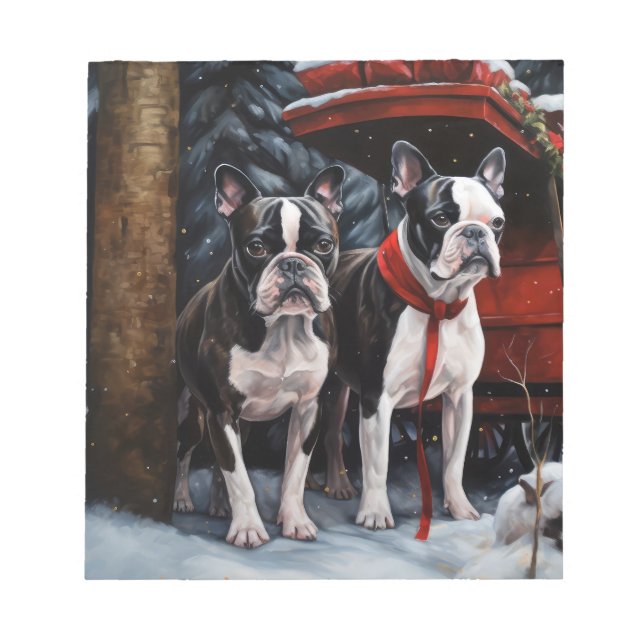 Boston Terrier Snowy Sleigh Christmas Decor   Notepad (Front)