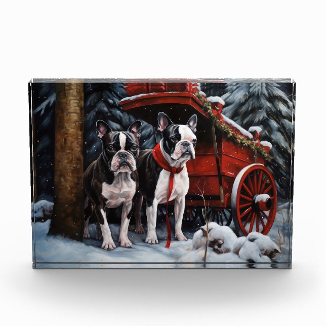 Boston Terrier Snowy Sleigh Christmas Decor   Photo Block (Front)