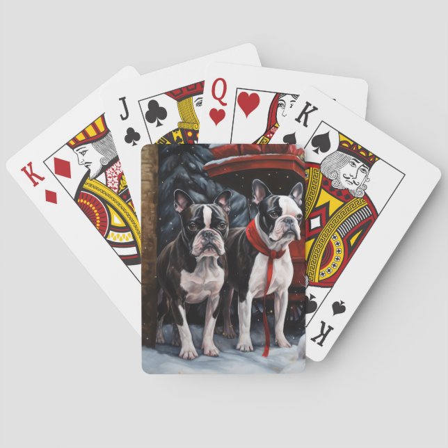 Boston Terrier Snowy Sleigh Christmas Decor   Playing Cards (Back)