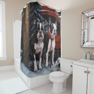 Boston Terrier Snowy Sleigh Christmas Decor   Shower Curtain