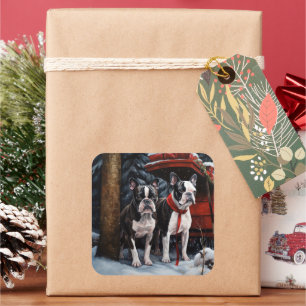 Boston Terrier Snowy Sleigh Christmas Decor    Square Sticker