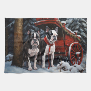 Boston Terrier Snowy Sleigh Christmas Decor   Tea Towel