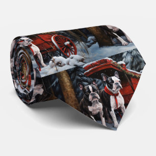 Boston Terrier Snowy Sleigh Christmas Decor   Tie