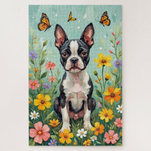 Boston Terrier Spring Botanical Garden Dog Jigsaw Puzzle
