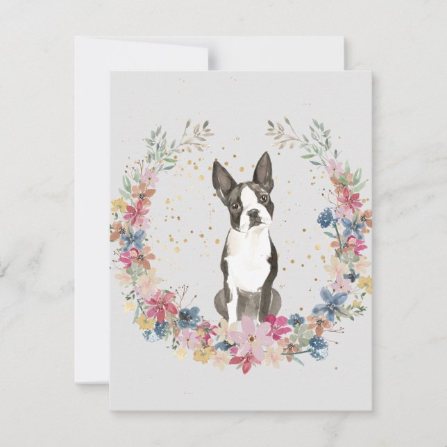 Boston Terrier Spring Flowers Monogram Card (Front)